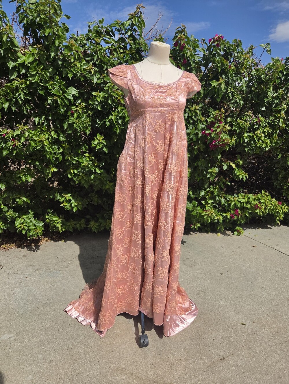 Dusty Rose Regency Empire Waist Lace Satin Dress Women's XS Bridgerton Style